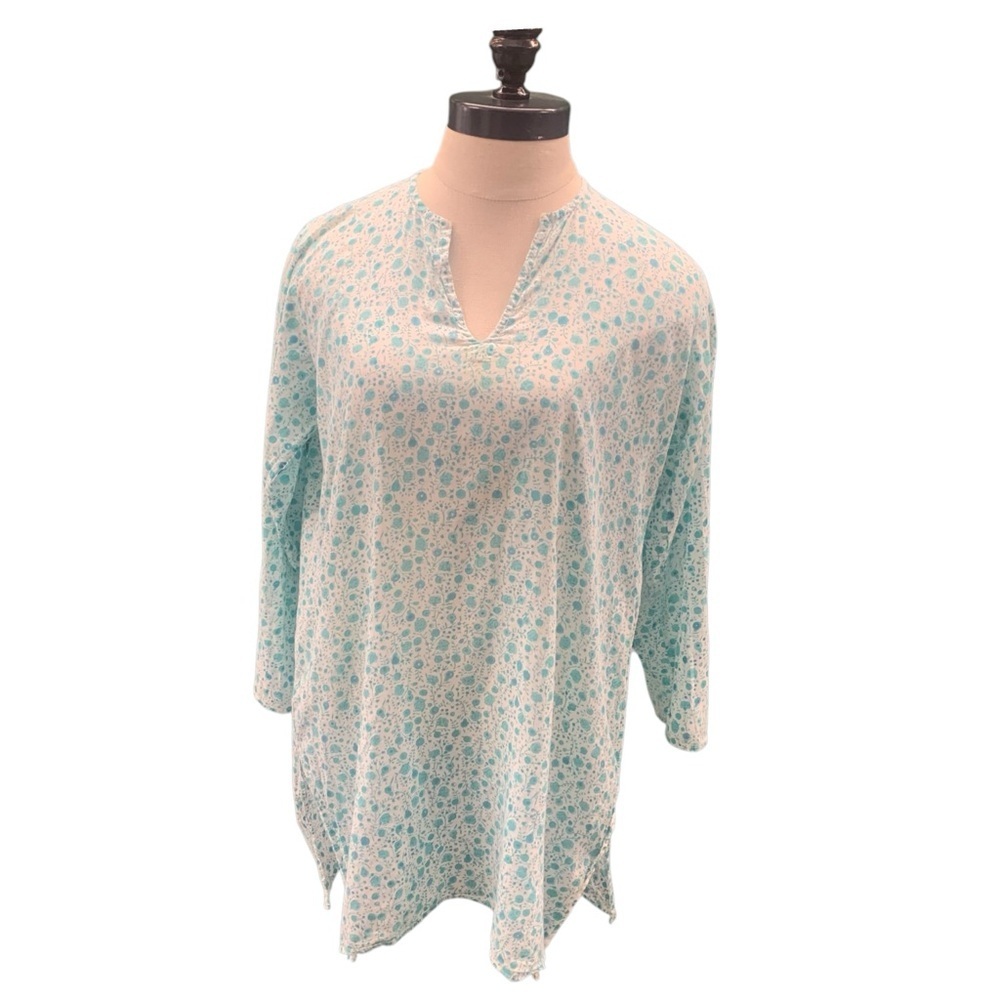ROBERTA ROLLER RABBIT Floral Mandarin Collar Tunic Blouse Green White Size 12